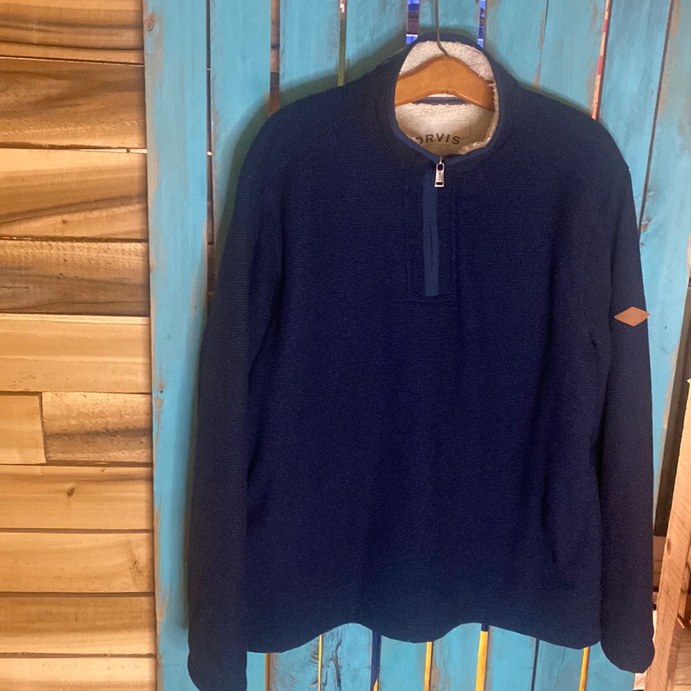 Orvis quarter zip pullover sweater blue with fleece lining size  large polyester